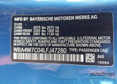 2020 BMW 440I z USA, uszkodzony, nr VIN WBA4W7C04LFJ47280